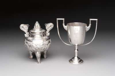 A Chinese or Vietnamese silver covered tripod censer and a Chinese silver trophy-form ‘Lin Zhi Cheng Xiang 麟趾呈祥’ goblet, 19/20th C.