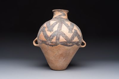 A Chinese painted pottery jar with zigzag design, Neolithic period, Majiayao culture, 3rd millennium B.C.