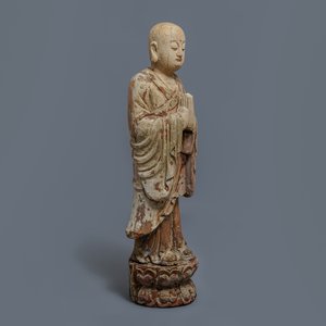 A Chinese painted wood figure of a Buddhist monk, 19th C. — photo 1