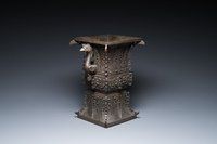 A Chinese partly gilt bronze archaistic inscribed 'fangzun' vase, 19/20th C.