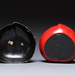 A Chinese peach-shaped painted lacquer box and cover, Qing — 照片 8
