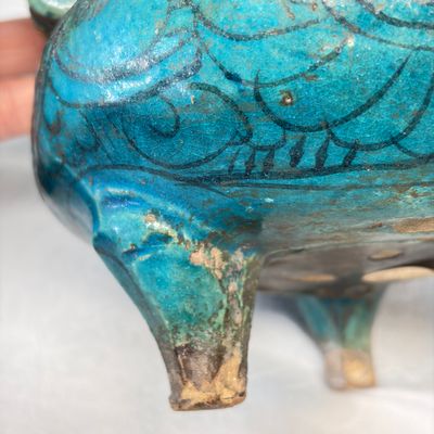 A Chinese peacock-blue-glazed tripod incense burner with wooden cover — photo 12