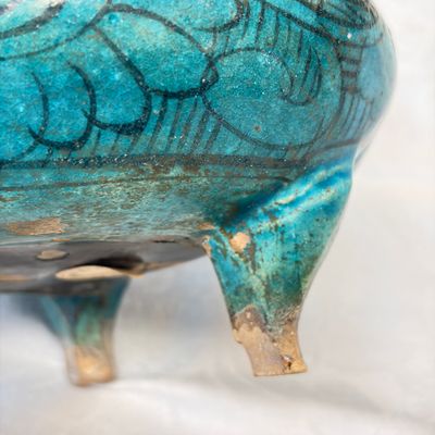 A Chinese peacock-blue-glazed tripod incense burner with wooden cover — photo 13