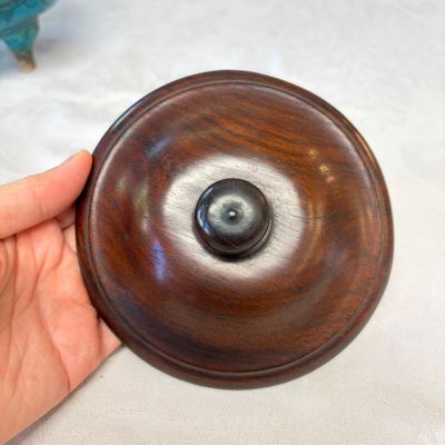 A Chinese peacock-blue-glazed tripod incense burner with wooden cover — photo 21