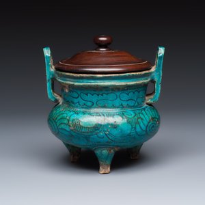 A Chinese peacock-blue-glazed tripod incense burner with wooden cover — photo 1