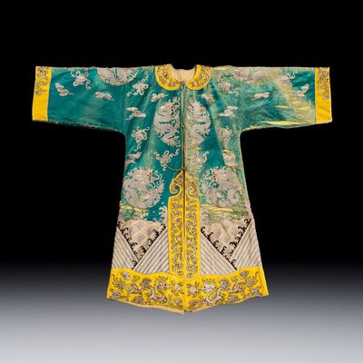 A Chinese peacock-green and yellow-ground silk embroidered 'Dragons' Peking opera robe, 20th C.