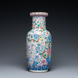 A Chinese pink-ground famille rose rouleau vase, 19th C. — 照片 2