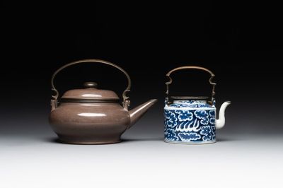 A Chinese polished purple Yixing stoneware covered teapot for the Thai market and a blue and white covered teapot, 19th C.