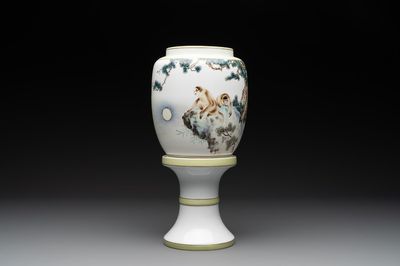 A Chinese polychrome-decorated eggshell 'monkeys' lantern on stand, 20th C.