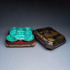 A Chinese polychrome-enamelled nine-piece sweetmeat set in a gilt-lacquered box — photo 1
