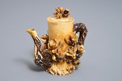 A Chinese polychrome ivory teapot and cover, 19/20th C.