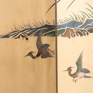 A Chinese polychrome lacquered wooden eight-panel folding screen with a pond scene, 19/20th C. — photo 21