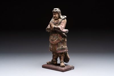 A Chinese polychrome lacquered wooden sculpture of Weituo, 17/18th C.