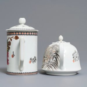 A Chinese polychrome 'winter landscape' teapot and a covered mug, 20th C. — 照片 5