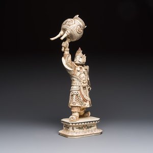 A Chinese polychromed carved bone figure of a warrior raising a tripod censer, 20th C. — photo 1