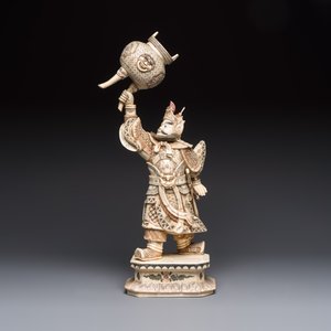 A Chinese polychromed carved bone figure of a warrior raising a tripod censer, 20th C. — photo 2