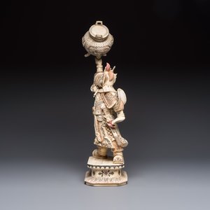 A Chinese polychromed carved bone figure of a warrior raising a tripod censer, 20th C. — photo 3
