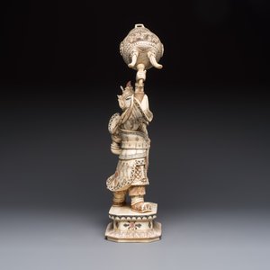 A Chinese polychromed carved bone figure of a warrior raising a tripod censer, 20th C. — photo 5