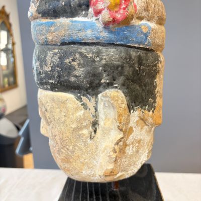 A Chinese polychromed carved stone head on a stand — photo 17