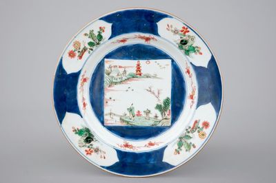 A Chinese porcelain bleu poudré and famille verte plate, Kangxi, ca. 1700