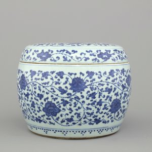 Blauw en witte cilindervormige kom met deksel in Chinees porselein met lotusversiering, 19e-20e eeuw — foto 1