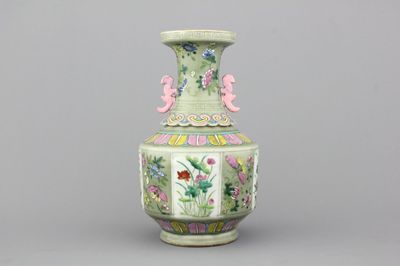 A Chinese porcelain famille rose celadon vase, 19th C.