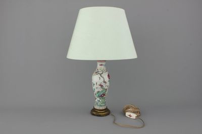 A Chinese porcelain famille rose vase mounted as lamp, 18th C., Qianlong