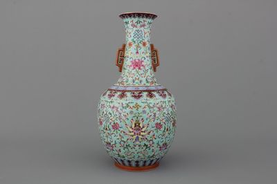 A Chinese porcelain turquoise ground famille rose "Happiness" vase, 20th C.
