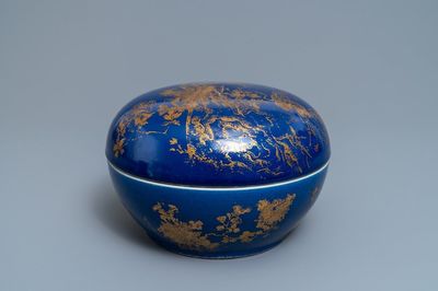 A Chinese powder blue and gilt round covered box, Guangxu mark and of the period