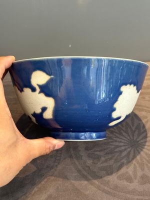 A Chinese powder blue-ground biscuit, blue and white 'Buddhist lion' bowl, Xuande mark, Kangxi — photo 2
