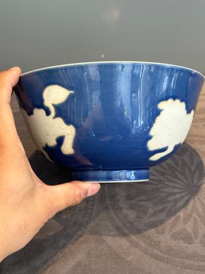 A Chinese powder blue-ground biscuit, blue and white 'Buddhist lion' bowl, Xuande mark, Kangxi — photo 4