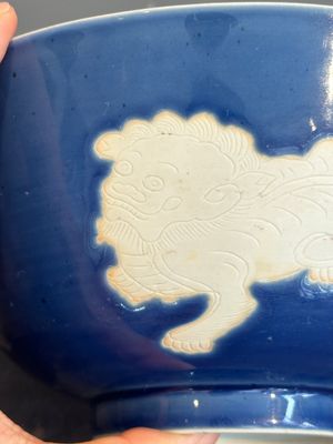 A Chinese powder blue-ground biscuit, blue and white 'Buddhist lion' bowl, Xuande mark, Kangxi — photo 5