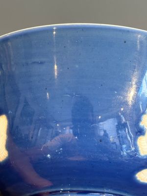 A Chinese powder blue-ground biscuit, blue and white 'Buddhist lion' bowl, Xuande mark, Kangxi — photo 7