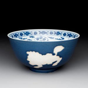 A Chinese powder blue-ground biscuit, blue and white 'Buddhist lion' bowl, Xuande mark, Kangxi — photo 1