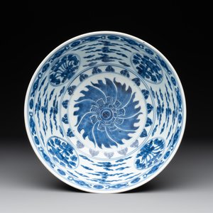 A Chinese powder blue-ground biscuit, blue and white 'Buddhist lion' bowl, Xuande mark, Kangxi — photo 5