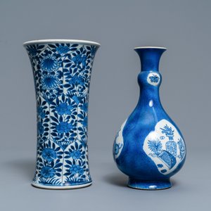A Chinese powder blue-ground bottle vase and a blue and white vase with floral design, Kangxi — photo 4