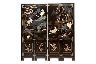 A Chinese precious-stone-inset gilt-lacquered four-panel 'Ba Jun Tu 八骏图' folding screen, 20th C.