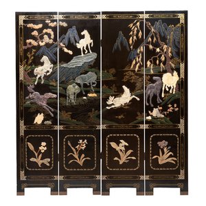 A Chinese precious-stone-inset gilt-lacquered four-panel 'Ba Jun Tu 八骏图' folding screen, 20th C. — foto 1