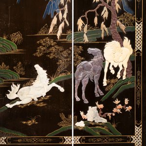 A Chinese precious-stone-inset gilt-lacquered four-panel 'Ba Jun Tu 八骏图' folding screen, 20th C. — foto 4