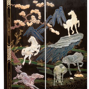 A Chinese precious-stone-inset gilt-lacquered four-panel 'Ba Jun Tu 八骏图' folding screen, 20th C. — foto 7