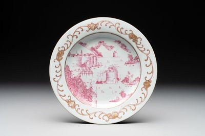 A Chinese puce-enamelled and gilt-decorated 'harbour scene' plate, Qianlong