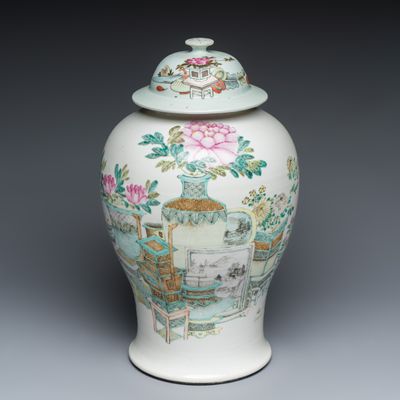A Chinese qianjiang cai 'Antiquities' vase and cover, signed Jiao Ziming 焦子明, dated 1892