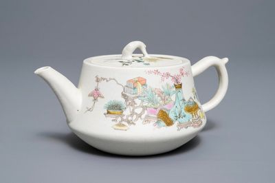 A Chinese qianjiang cai biscuit teapot and cover, dated 1894