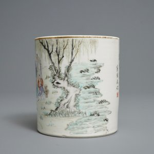 A Chinese qianjiang cai brush pot with fishermen, signed Tan Yin Jie, dated 1875-1884 — 照片 5