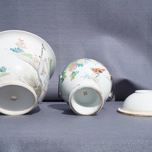 A Chinese qianjiang cai covered bowl on foot and a jardinière, 19/20th C. — 照片 12