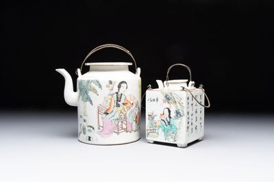 A Chinese qianjiang cai covered teapot and a covered wine warmer, Tongzhi mark, 19/20th C.