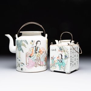 A Chinese qianjiang cai covered teapot and a covered wine warmer, Tongzhi mark, 19/20th C. — foto 1