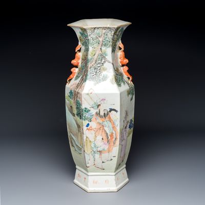 A Chinese qianjiang cai hexagonal 'Sanxing' vase, signed Zhou Xiaosong 周筱松, dated 1902