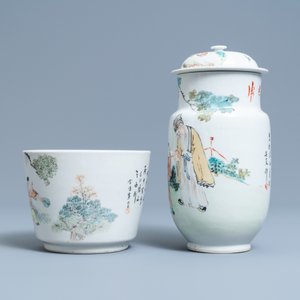 A Chinese qianjiang cai jardinière and a covered vase, 19/20th C. — 照片 2