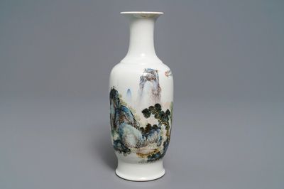 A Chinese qianjiang cai landscape vase signed Wang Yeting, 20th C.